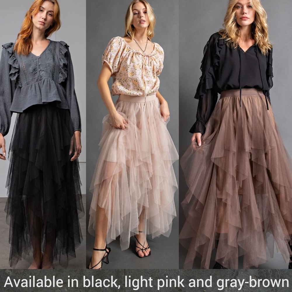EASEL "Fairy Tale" Tiered Mesh Overlay Waterfall Lined Midi Maxi Ballerina Skirt - Picture 12 of 16